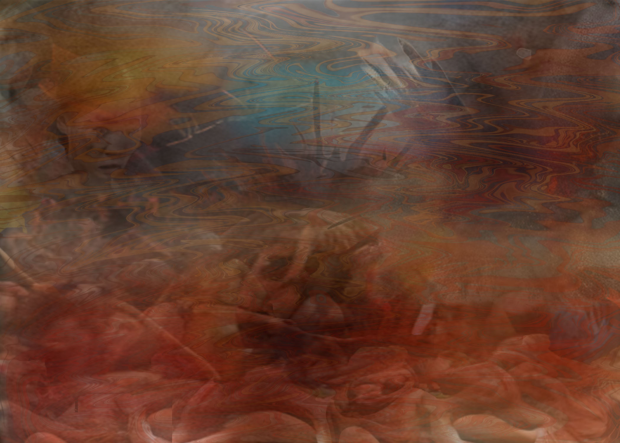 This scene, imagined as one of Batangas province in the Philippine-American war, shows a pile of dead Filipino villagers with a burning structure in the background and a survivor and her child superimposed upon the scene.